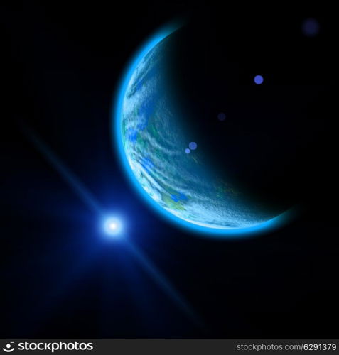 Planet and blue bright star in space