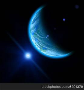 Planet and blue bright star in space