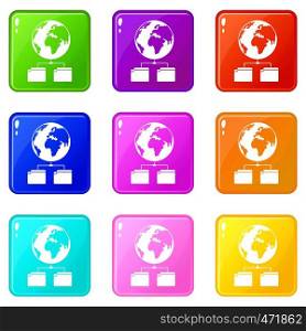 Planet and two folders icons of 9 color set isolated vector illustration. Planet and two folders icons 9 set