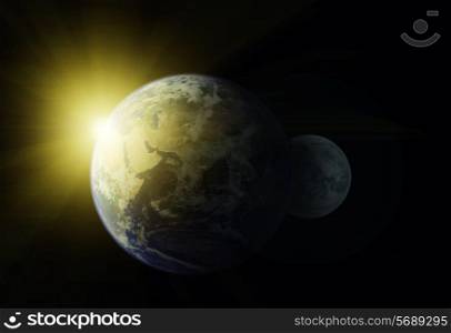 Planet Earth and moon. Space sunrise