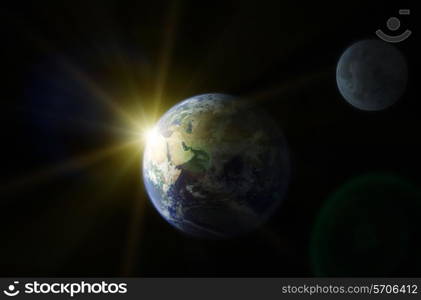 Planet Earth and moon. Space sunrise