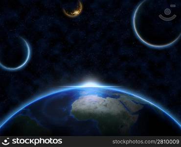 Planet earth and two alien moons with sunrise in space