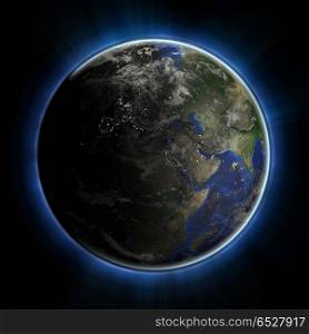 Planet Earth at night 3d rendering. Planet Earth at night. Maps from NASA 3d rendering. Planet Earth at night 3d rendering