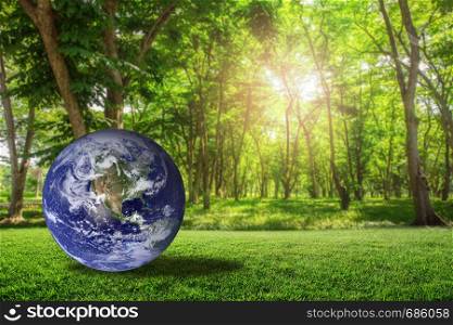 Planet earth beautiful on green grass with nature blur bokeh background, world with conservation and resource for renewable, environment concept, Elements of this image furnished by NASA.
