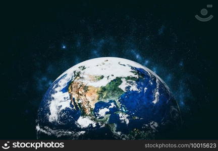 Planet earth globe view from space showing realistic earth surface and world map as in outer space point of view . Elements of this image furnished by NASA planet earth from space photos.. Planet earth globe view from space showing realistic earth surface and world map