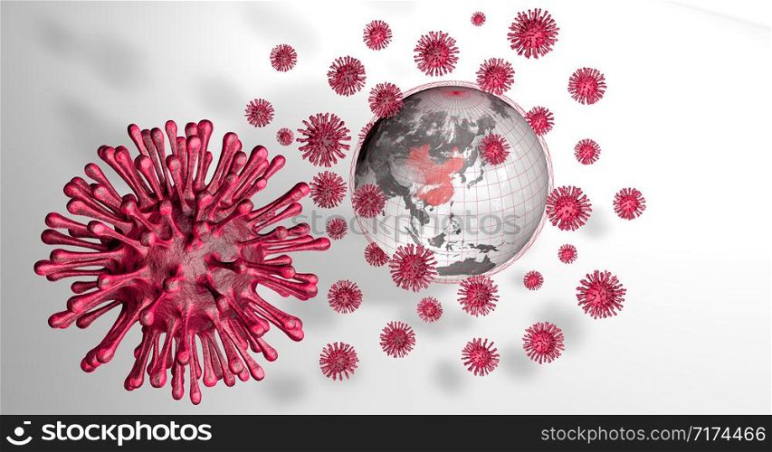 Planet Earth in gray tones and red lines with China highlighted in red with red viruses surrounding the planet on white background. 3D Illustration. Planet Earth in gray tones with China highlighted in red with red viruses surrounding the planet on white background. 3D Illustration