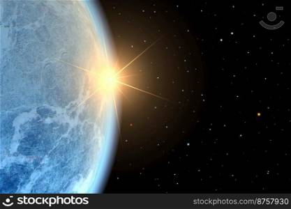 Planet Earth or alien planet with a rising sun in space. Rising sun illuminate horizon of blue planet with a visible atmosphere against background of starry space, view from space, 3D illustration.