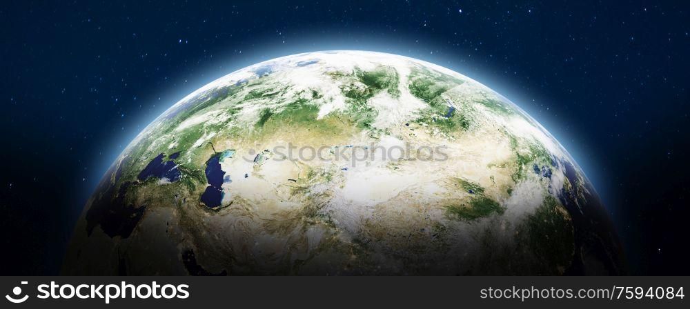 Planet Earth panoramic. Elements of this image furnished by NASA. 3d rendering. Planet Earth panoramic