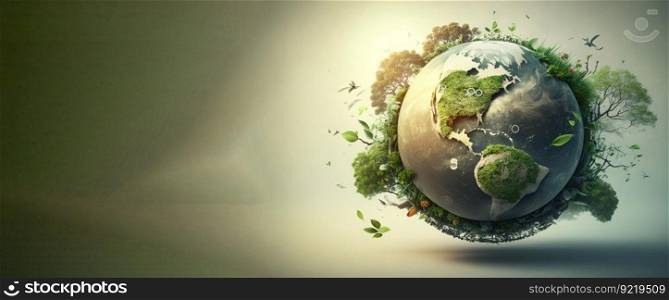 Planet Earth saving concept, miniature plant ball, isolate, gradient background. Header banner mockup with copy space. AI generated.. Planet Earth saving concept, miniature plant ball, isolate, gradient background. AI generated.