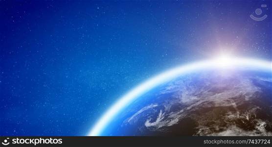 Planet Earth space horizon. Elements of this image furnished by NASA. 3d rendering. Planet Earth space horizon