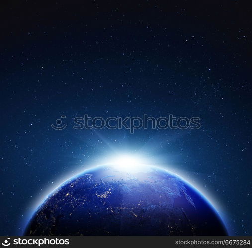 Planet Earth sunrise. 3d rendering. Planet Earth sunrise. Stars my own photo. Elements of this image furnished by NASA 3d rendering. Planet Earth sunrise. 3d rendering