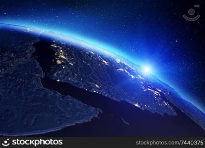 Planet Earth sunrise. Elements of this image furnished by NASA. 3d rendering. Planet Earth sunrise. 3d rendering