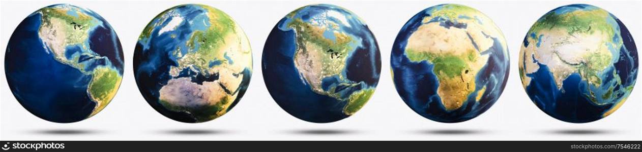 Planet Earth white isolated set. Elements of this image furnished by NASA. 3d rendering. Planet Earth white isolated set
