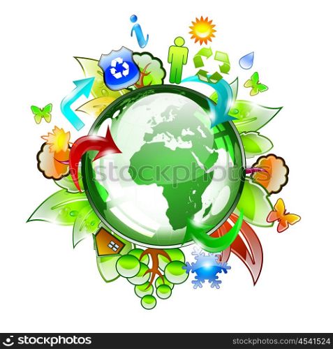planet earth with plants, trees and flowers
