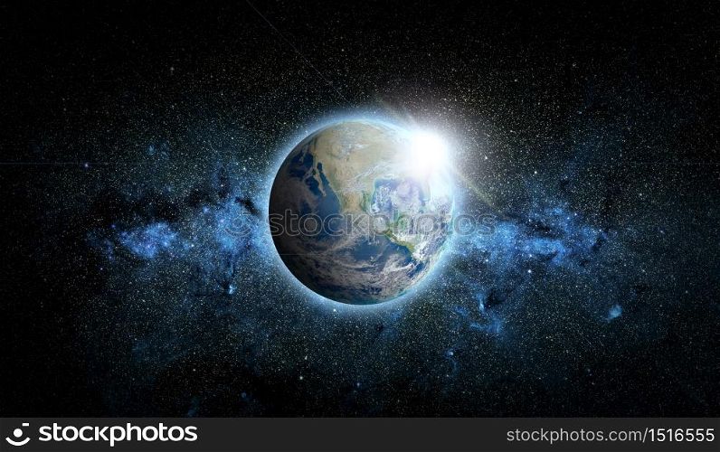 Planet Earth with sunrise on space background. Elements of this image furnished by NASA.
