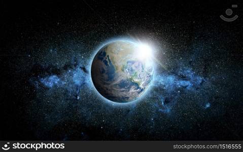 Planet Earth with sunrise on space background. Elements of this image furnished by NASA.