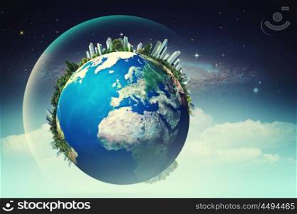 Planet in the skies, eco backgrounds with funny Earth against starry skies