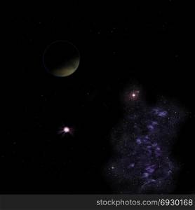 Planets in a space against nebula. 3D rendering.. Planets in a space against stars and nebula. Elements of this image furnished by NASA . 3D rendering.