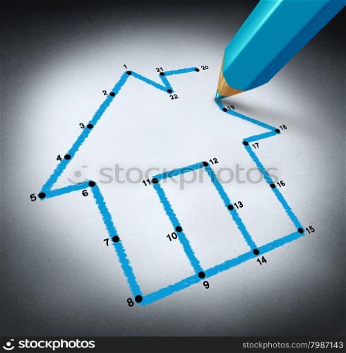 Planning a home concept with a pencil drawing lines to connect the dots to realize a family dream of building a residential structure by saving money to afford a house mortgage.