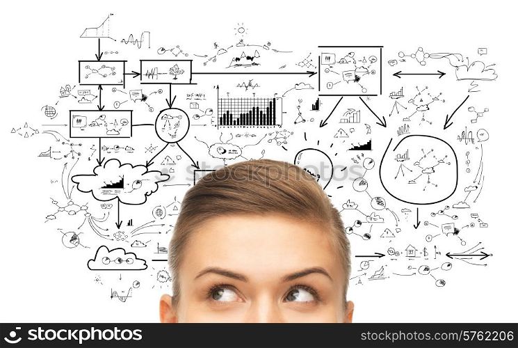 planning, business and people concept - close up of woman looking up to scheme or plan