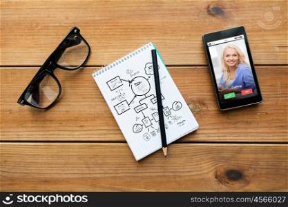 planning, business and technology concept - close up of scheme drawing in notepad with pencil, with incoming call on smartphone and eyeglasses on wooden table