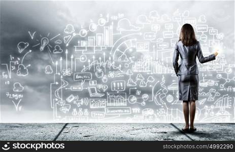 Planning business. Back view of businesswoman drawing business strategy sketch