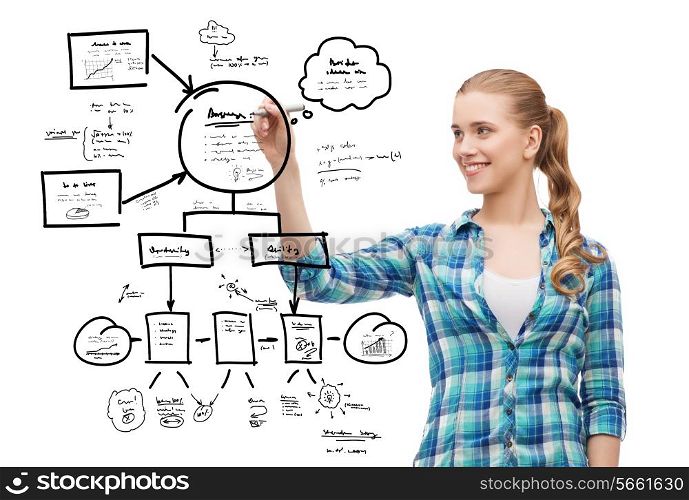 planning, education and people concept - smiling young woman drawing scheme on transparent screen over white background