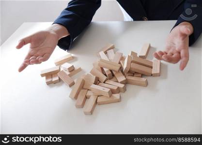 Planning risk and strategy in business. gambling failure of wooden blocks stag. Business concept for growth and success process.