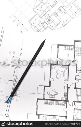 plans for residential flats with pencil closeup