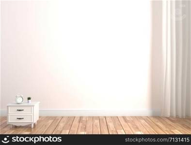 Plant and clock on cabinet , wooden floor on empty white wall background. 3D rendering