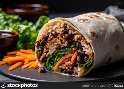 plant-based burrito wrap with black beans, lettuce, and roasted vegetables, created with generative ai. plant-based burrito wrap with black beans, lettuce, and roasted vegetables