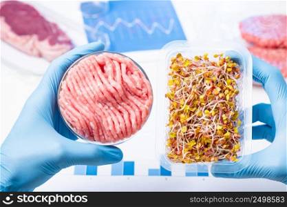 Plant based meat substitutes research. Cultured artificial lab meat in scientist hand concept.