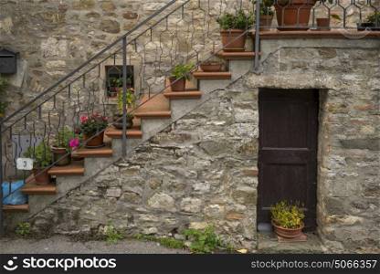 Planters along stairway of house, Chianti, Tuscany, Italy