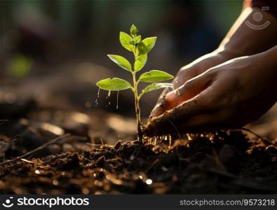 planting trees and watering them to help increase oxygen in the air and reduce global warming, Save world save life and Plant a tree concept.