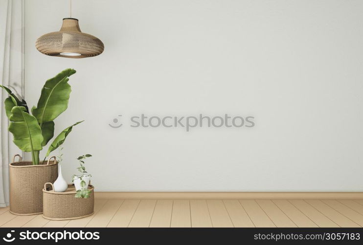 Plants decoration on empty room interior with wooden floor. 3D rendering