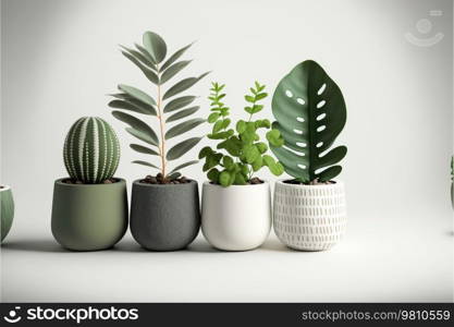 Plants in beautiful ceramic pots, Variety of species to use as decoration. Isolated on a white background. Generative AI