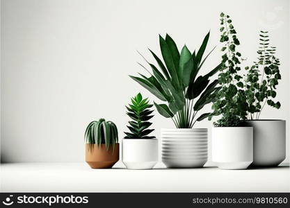 Plants in beautiful ceramic pots, Variety of species to use as decoration. Isolated on a white background. Generative AI