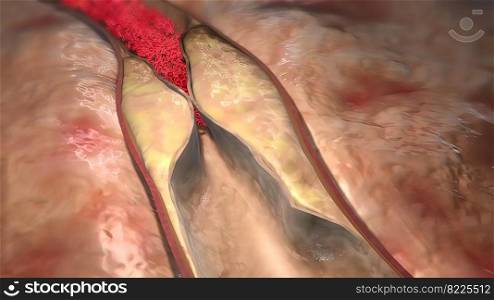 Plaque formation in the cardiovascular tract 3D illustration. Plaque formation in the cardiovascular tract