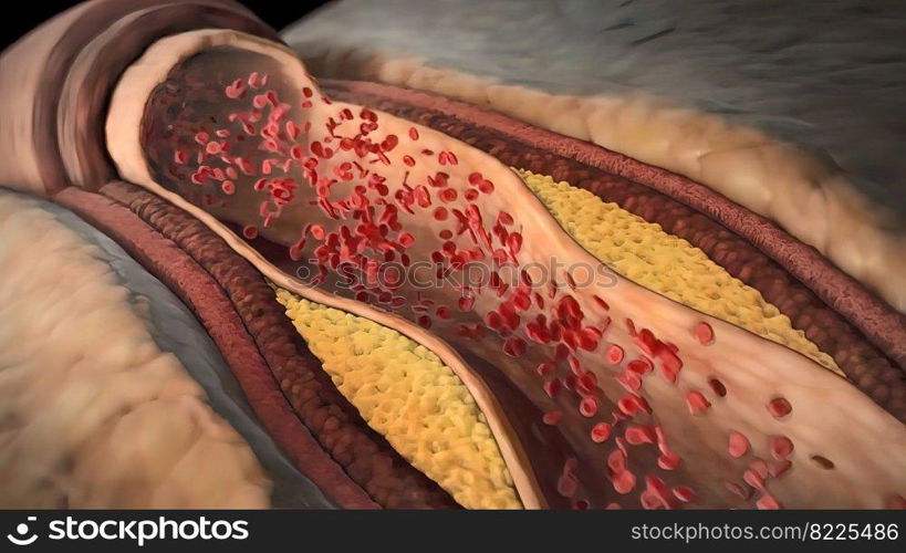 Plaque formation in the cardiovascular tract, cholesterol 3D Illustration. Plaque formation in the cardiovascular tract, cholesterol