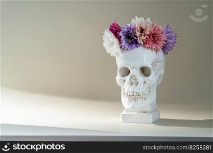 Plaster skull with pink flower crown with shadows on empty biege background. Plaster skull sculpture