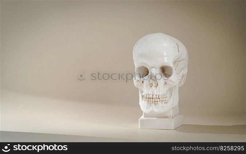 Plaster skull with shadows on empty biege background. minimalist composition. Plaster skull sculpture