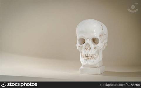 Plaster skull with shadows on empty biege background. minimalist composition. Plaster skull sculpture