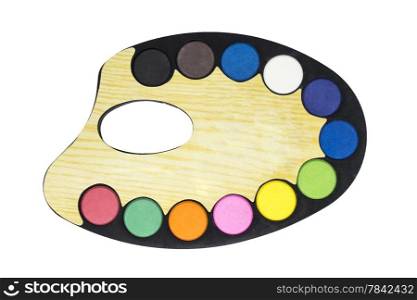 Plastic art palette with paint isolated on white