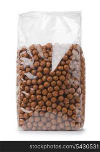 Plastic bag of chocolate cereals balls isolated on white
