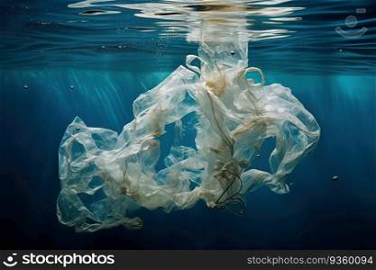 Plastic bag under water. The concept of ocean and sea plastic pollution created by generative AI