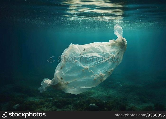 Plastic bag under water. The concept of ocean and sea plastic pollution created by generative AI