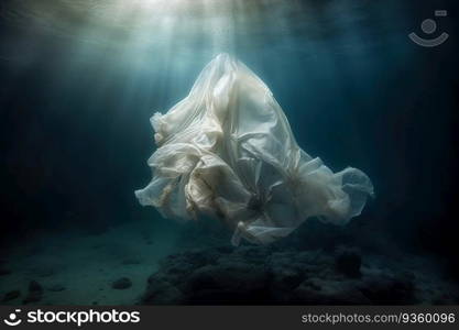 Plastic bag under water. The concept of ocean and sea plastic pollution created by generative AI