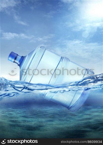 Plastic big water bottles in ocean