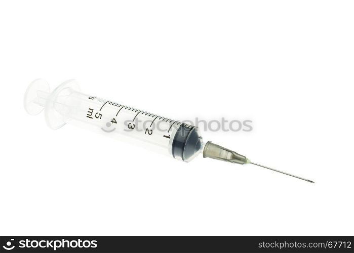 Plastic black syringe isolated on white background. Single use medical equipment in hospital for injection.