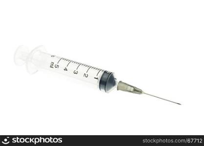 Plastic black syringe isolated on white background. Single use medical equipment in hospital for injection.